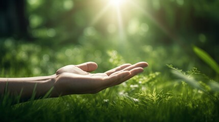 A person holding out their hand in the grass