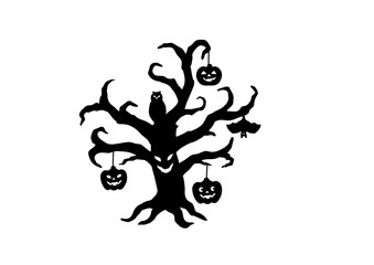 halloween scary spooky smile ghost tree with jack o'lantern silhouette vector illustration