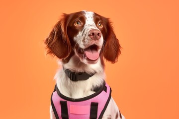 Photography in the style of pensive portraiture of a happy brittany dog wearing a safety vest against a pastel pink background. With generative AI technology