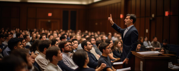 A profesor giving a lecture to students in an auditorium, or hall. A seminar for students