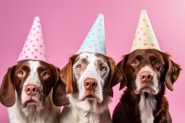 Group portrait photography of a funny brittany dog wearing a visor against a pastel pink background. With generative AI technology