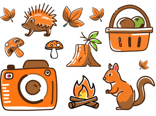 Vector illustration of a set of autumn icons, hedgehog, squirrel, basket, camera, leaves, mushrooms, bonfire. Objects isolated on a white background.