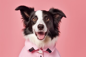 Lifestyle portrait photography of a smiling border collie wearing a sailor suit against a pastel pink background. With generative AI technology