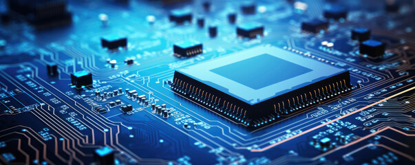 Digital Microprocessor. Computer Controller Circuit Board closeup Main Central Processing Unit Electronic Chips with Data Signal Lane - obrazy, fototapety, plakaty