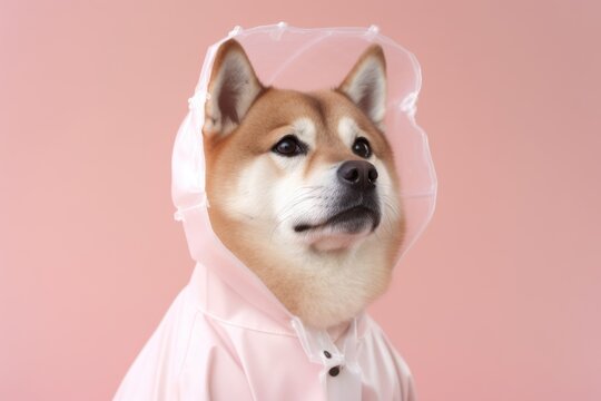 Photography in the style of pensive portraiture of a cute akita wearing a raincoat against a pastel pink background. With generative AI technology
