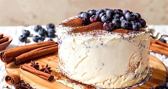 food photography,cheese cake,blueberries,cinnamon,in a luxurious Michelin kitchen style, depth of field, ultra detailed,uplight
