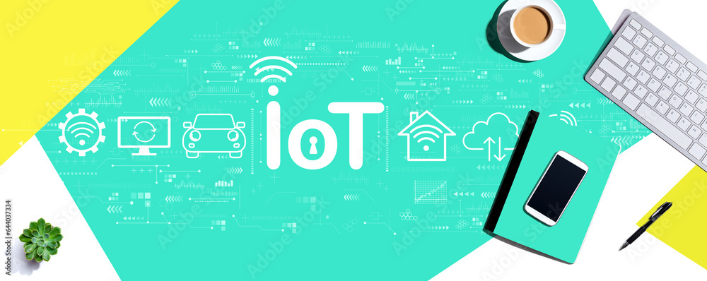Poster iot theme with a computer keyboard and office items