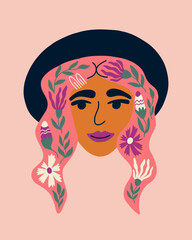 Portrait of beautiful woman with flowers and a felt hat. Avatar of European female character. Vector for postcards, posters, social network. Woman Mental health.