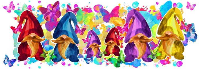 Watercolour beard mans, gnomes with butterflies, flowers. Botanical background. Sublimation.