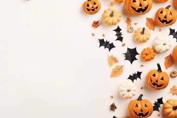 Halloween composition. Halloween decorations, pumpkins, ghosts, paper bats, spiders on pastel beige background. Halloween concept. Flat lay, top view, copy space
