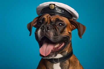 Close-up portrait photography of a smiling boxer dog wearing a sailor suit against a turquoise blue background. With generative AI technology