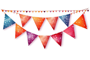 A bunch of colorful flags hanging from a line , Festive bunting flags illustration isolated on white transparent background, PNG , Generative AI