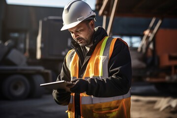 A construction worker works on a construction site on a digital tablet.