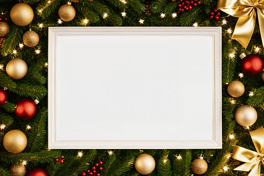 White horizontal blank frame with christmas toys background