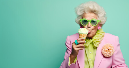 Old senior charming lady in pastel color clothes eat an ice cream on cone. Funny melting scene with...