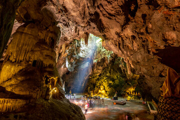 Background of the tourist attractions inside the cave, Khao Luang Phetchaburi Cave, a beautiful place that travelers always stop by.