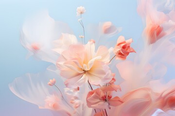 Pastel natural flowers with splashes of color. Minimal studio composition with soft pink and blue color.