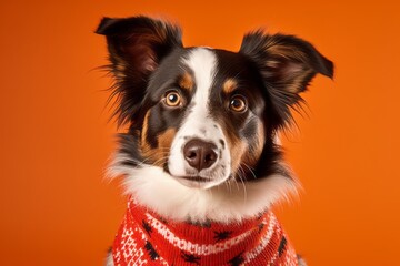 Medium shot portrait photography of a cute border collie wearing a festive sweater against a bright orange background. With generative AI technology