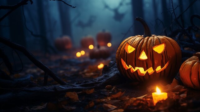 Halloween pumpkin with glowing eyes is in a mystic forest at the night close-up with bokeh background. Jack O Lantern