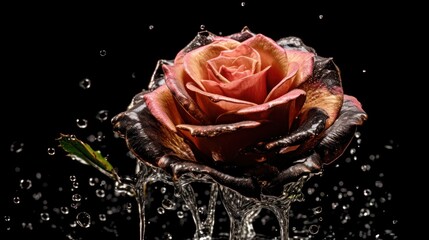 Beautiful rose on a black background with water splashes and drops. Mother's day concept with a...