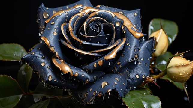 Beautiful black rose with water drops on black background, closeup. Mother's day concept with a copy space. Valentine day concept with a copy space.
