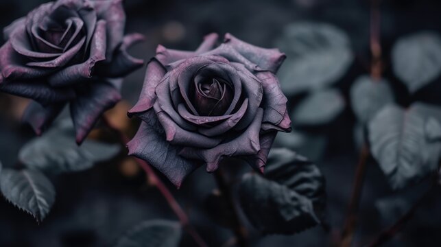 Beautiful dark violet rose on a dark background, retro toned. Mother's day concept with a copy space. Valentine day concept with a copy space.