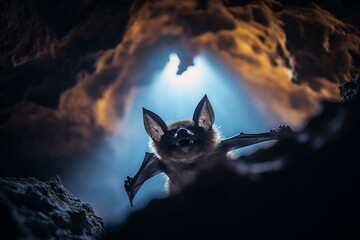 Morcego na caverna com luz vindo do fundo - Papel de parede - obrazy, fototapety, plakaty