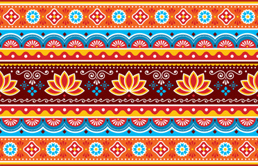 Pakistani or Indian truck art vector seamless vibrant pattern with lotus flowers - long horizontal oriented design
 - obrazy, fototapety, plakaty
