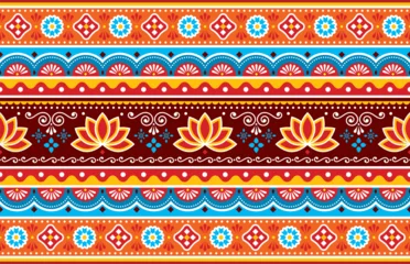 Pakistani or Indian truck art vector seamless vibrant pattern with lotus flowers - long horizontal oriented design  © redkoala