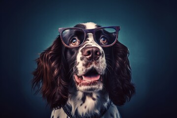 Headshot portrait photography of a happy english springer spaniel wearing a hipster glasses against a deep indigo background. With generative AI technology