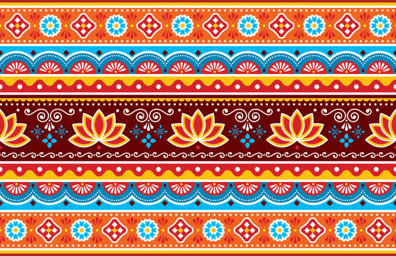 Pakistani or Indian truck art vector seamless vibrant pattern with lotus flowers - long horizontal oriented design
