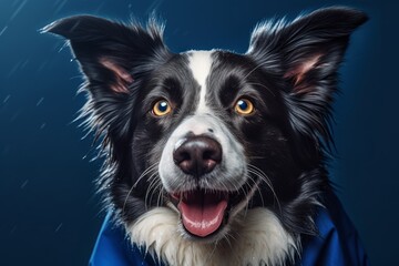 Group portrait photography of a smiling border collie wearing a raincoat against a deep indigo background. With generative AI technology