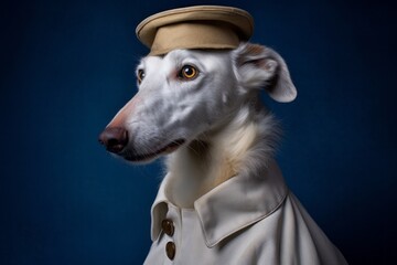 Close-up portrait photography of a happy borzoi wearing a doctor costume against a deep indigo background. With generative AI technology