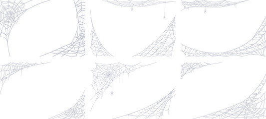 Spider web vector background art set. Silhouette frames of cobweb for october holiday Halloween backgrounds of banners, posters and postcards