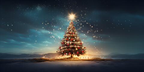 Winter background with bright lights and snow on Christmas  tree with decorations - obrazy, fototapety, plakaty