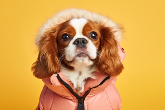 Lifestyle portrait photography of a happy cavalier king charles spaniel dog wearing a ski suit against a peachy pink background. With generative AI technology