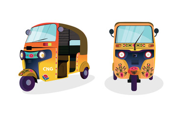 Set of yellow auto-rickshaw illustrations in India. with rickshaw paint on it. front view of tuk-tuk.