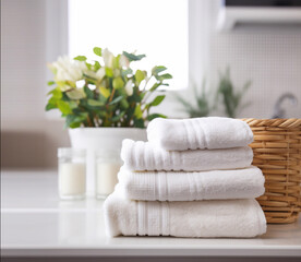 Fototapeta na wymiar Stack of clean white towels on countertop in bathroom