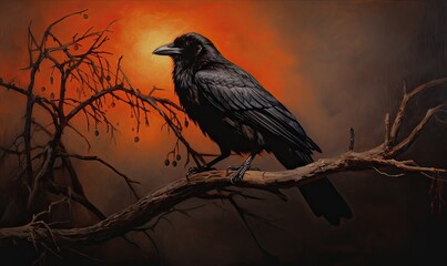 Obraz premium Photo of a black bird perched on a branch, captured in a stunning painting