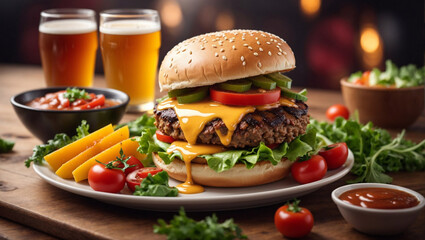 Hamburgers and Beer on Wooden Table