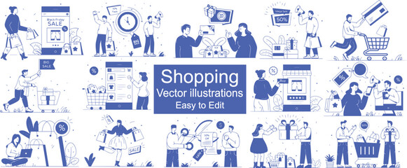 Shopping illustrations. Collection of scenes with people shopping discount, Sales Promotion, black Friday sale, buy online, big sale, flash sale, discount sale, shopping offer, best gift.