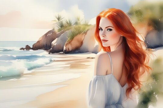 Watercolor portrait of beautiful redhead woman on the beach, pastel soft colors. Digital art. Generative AI