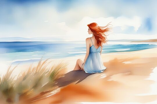 Watercolor picture of a beautiful redhead woman sitting backside on the beach, pastel soft colors. Digital art. Generative AI