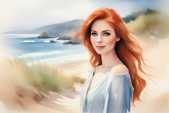 Watercolor portrait of beautiful redhead woman on the beach, pastel soft colors. Digital art. Generative AI