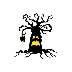 Halloween spooky cartoon Silhouette tree ghost with bat Vector Illustration