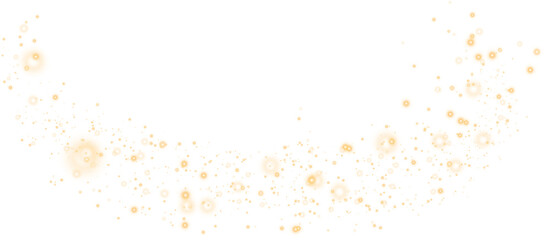 Golden glitter and bokeh on transparent backdrop. Luxury particles with stardust. Glow light effect. Magic Christmas composition. Special shine for poster or advertising. PNG.