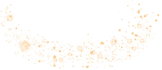 Golden glitter and bokeh on transparent backdrop. Luxury particles with stardust. Glow light effect. Magic Christmas composition. Special shine for poster or advertising. PNG.