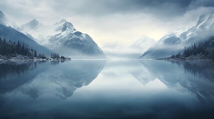 A mountain range is reflected in the still water of a lake - obrazy, fototapety, plakaty