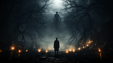 Horror a lonely silhouette in a gloomy foggy forest, maniac thriller the darkness of the night