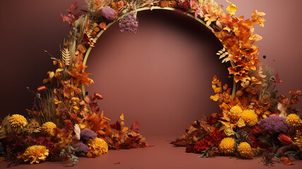 Naklejka na ściany i meble orange yellow autumn october round frame with flowers presentation studio background stagepodium abstract invitation